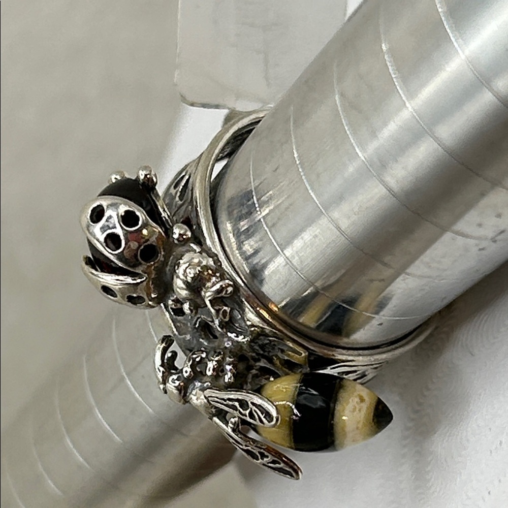 Sterling Baltic Amber Bee Ladybug Adjustable Woman’s Ring